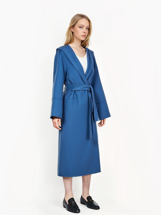 Wool hooded wrap coat hand-sewn blue overcoat